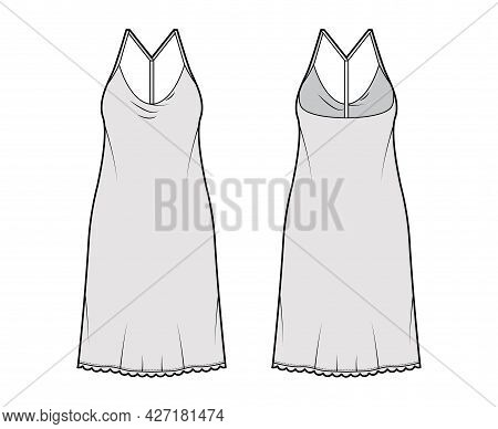 Dress Slip Technical Fashion Illustration With Oversized Body, Knee Length Pencil Skirt, Racerback. 
