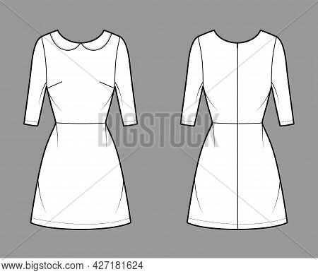 Dress A-line Technical Fashion Illustration With Elbow Sleeves, Peter Pan Collar, Fitted Body, Above
