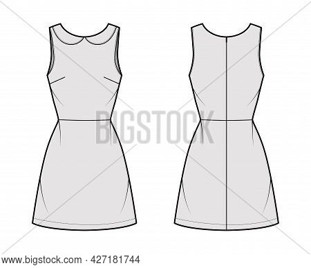 Dress A-line Technical Fashion Illustration With Sleeveless, Peter Pan Collar, Fitted Body, Above-th