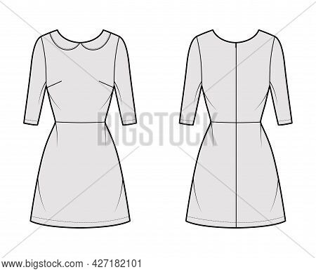 Dress A-line Technical Fashion Illustration With Elbow Sleeves, Peter Pan Collar, Fitted Body, Above