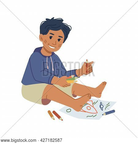 Small Boy Kid Drawing Space Ship On Paper Using Colorful Pencils Or Crayons. Development Of Creative