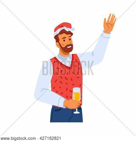 Male Personage Celebrating Xmas Holiday In Winter, Isolated Man Wearing Hat Of Santa Claus Drinking 