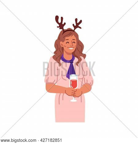 Woman With Wine In Glass Celebrating Christmas Or New Year. Isolated Female Personage Wearing Costum