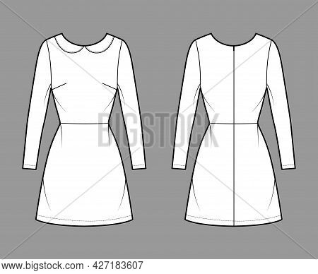 Dress A-line Technical Fashion Illustration With Long Sleeves, Peter Pan Collar, Fitted Body, Above-