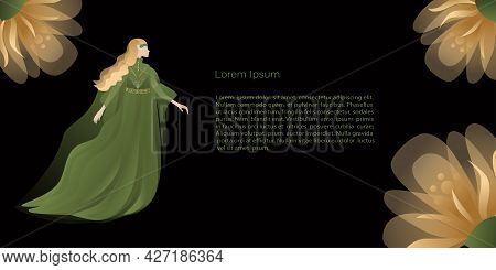 Vector  Template, Banner Mystic And Elf Theme, Elf Girl Or Fairy And Gold Flowers, Copy Space. Black