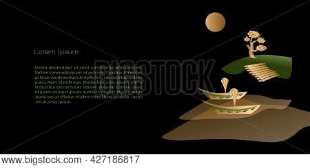 Vector  Template Mystical Landscape With Elven Boats On Black Background, Copy Space. For Invitation