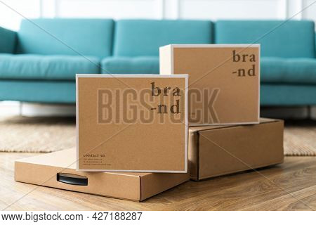 Paper boxes on a Scandinavian living room floor