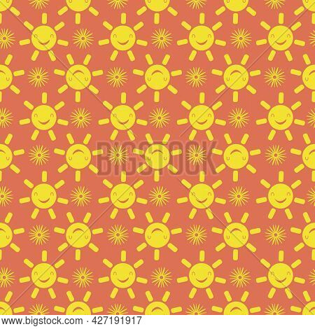 Cute Vector Smiling Laughing Kawaii Sun And Flowers Seamless Pattern Background. Cartoon Yellow Weat