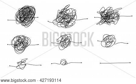 Complex And Simple Line Path Set. Scribble Line Knot From Complicated To Simplicity Shapes.