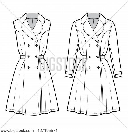 Set Of Dresses Coat Trench Technical Fashion Illustration With Double Breasted, Long Sleeve, Fitted 