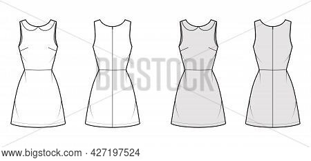 Dress A-line Technical Fashion Illustration With Sleeveless, Peter Pan Collar, Fitted Body, Above-th