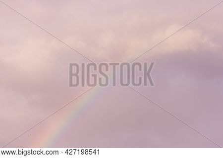 Rainbow Arc In Pink Clouds ,celestial Phenomenon ,colorful Beautiful Crosses The Sky , Morning After