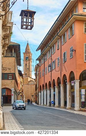 Cesena, Italy -  February 27, 2020: Old street  in the old town of Cesena, Emilia-Romagna