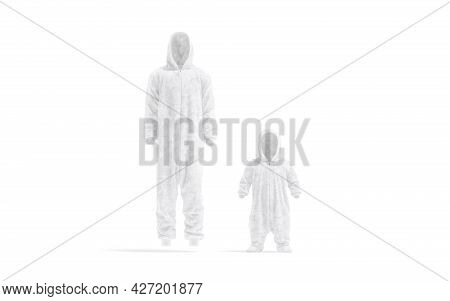 Blank White Adult And Kid Plush Jumpsuit With Hood Mockup, 3d Rendering. Empty Hooded Fleece Onesie 