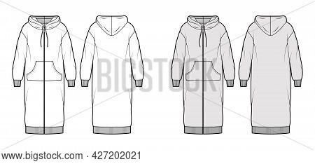 Dress Zip-up Hoody Technical Fashion Illustration With Long Sleeves, Kangaroo Pouch, Rib Cuff Oversi