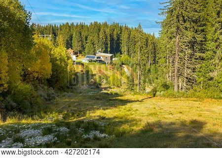 Bansko, Bulgaria Shiligarnika Autumn Ski Resort View With House, Mountains And Ski Lift