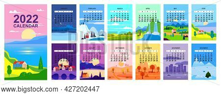 2022 Calendar Landscape Natural Backgrounds Of Four Seasons. Winter Wonderland, Fresh On Spring, Hot