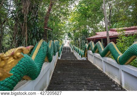Phu Chang Noi Stairway With Naga Statue At Chiang Khan Loei Thailad.chiang Khan Is An Old Town And A