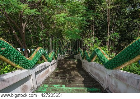 Phu Chang Noi Stairway With Naga Statue At Chiang Khan Loei Thailad.chiang Khan Is An Old Town And A