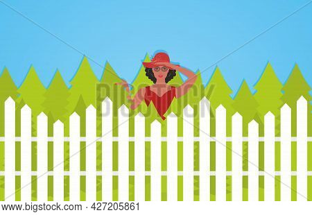 Curious Woman Looking Over Fence. Vector Illustration. Eps10.