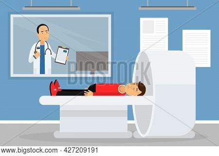 Hospital Staff With Man Doctor And Patient Lying In Tomographic Scanner Vector Illustration