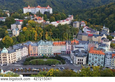 Karlovy Vary, Bohemia, Czechia - September 23, 2017: Beautiful Panorama Of Autumn Urban Scenery Of H
