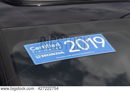 Avon - Circa July 2021: Honda Certified - Pre-owned Sticker On A Certified Pre-owned Used Car. With 