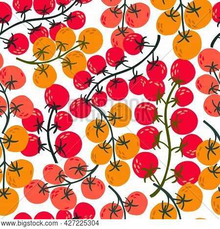 Flat Seamless Pattern Cherry Hand Drawn Tomato. Flat Vegetables On White. Vegan, Farmed, Natural