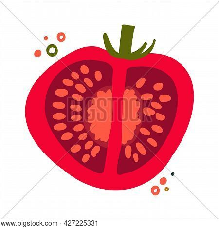 Hand-drawn Flat Tomato Cutaway. Flat Vegetables On White. Vegan, Farmed, Natural