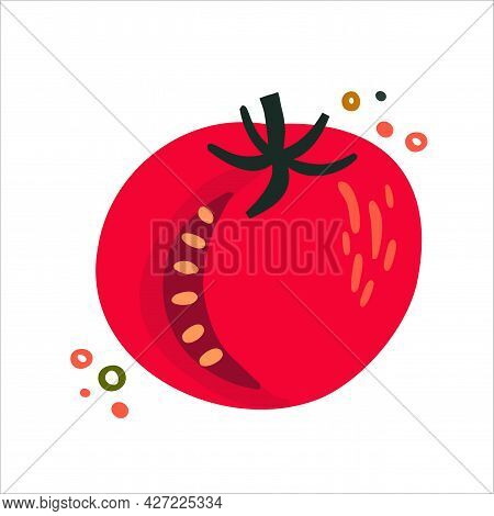 Flat Tomato Hand-drawn. Flat Vegetables On White. Vegan, Farmed, Natural