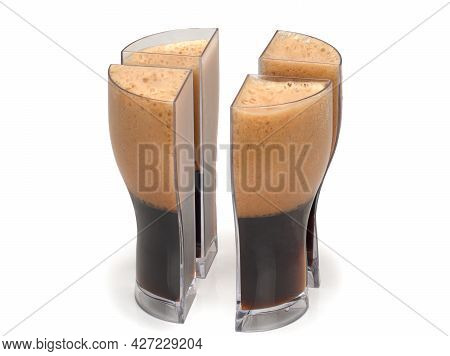 Dark Beer In Glass. Glass, Divided Into Four Parts
