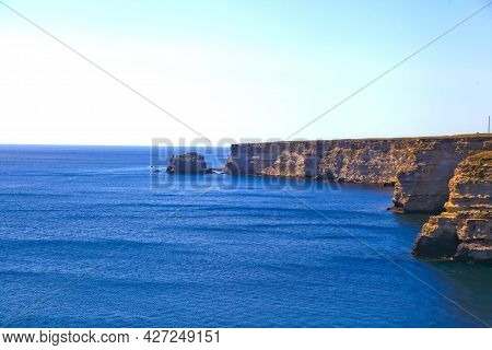 Tarhankut Cape, Crimea Peninsula. Summer Seascape, Famous Travel Destination. Beautiful Sea Coast Wi