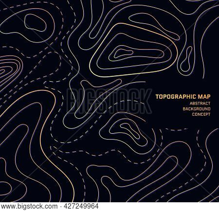 Topographic Map Abstract Background. Outline Cartography Landscape. Topographic Relief Map On Dark B