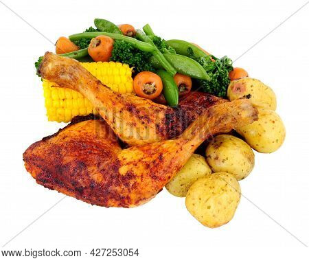 Roasted Spatchcock Chicken With Piri Piri Seasoning And Mixed Vegetables Isolated On A White Backgro