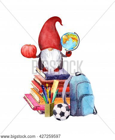 Cute Gnome On Pile Of Books, With School Items - Globe, Apple, Pen And Pencils, Football Ball, Clock