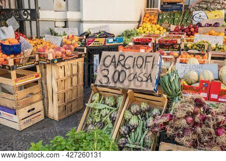 Riposto, Italy - May 23, 2020: Fresh vegetables at farmers market in Sicily, Italy