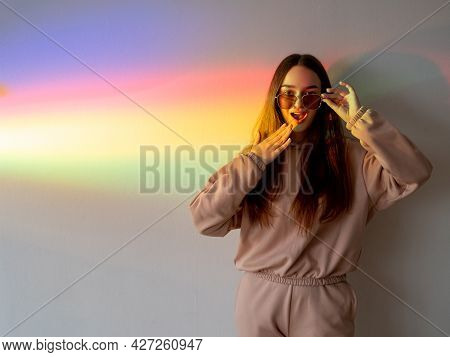Surprised Girl. Fashion Background. Discount Sale. Shock Emotion. Attractive Impressed Female With O