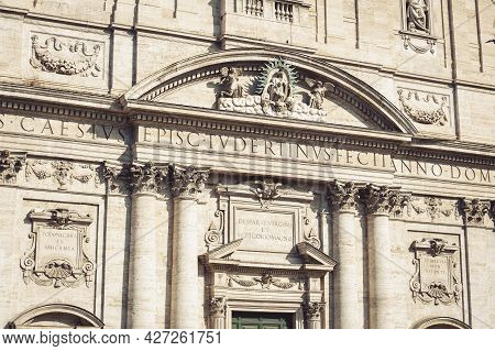 Closeup Details On Front Facade Of Santa Maria In Vallicella, Also Called Chiesa Nuova, A Baroque Ar