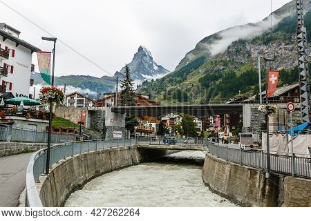 Zermat, Switzerland - August 12 2019: Shopping Street In Zermatt City.