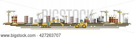 Construction Of New Microdistrict Of City. Cranes And Tractors. Modern Technologies And Equipment. H