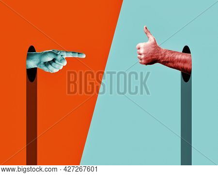 Abstract Hands over vivd color background. Index finger points on thumb up. Modern design with positive context. ?ontemporary art collage in trendy urban minimalistic magazine style. 