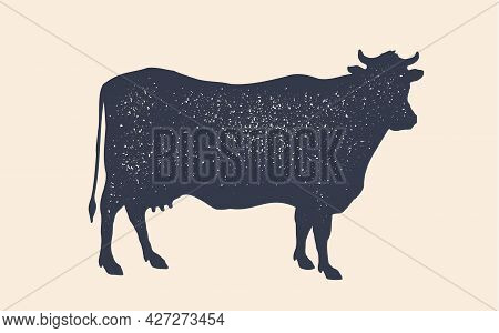 Cow Silhouette. Black And White Isolated Cow Silhouette. Vintage Retro Print Cow Silhouette For Meat