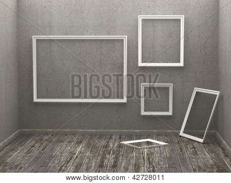 Drei leere Frames in einem grauen Raum. 3D Rendering-Bild