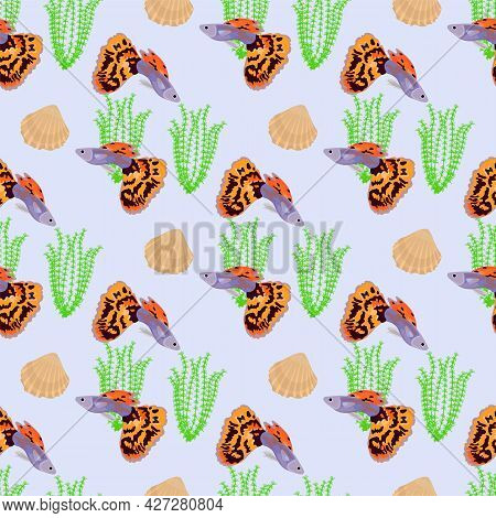 Seamless Pattern Guppy Fish. Vector Flat Illustration.