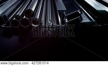 Lighting Rolled Metal And Rebar , Digital Industrial 3d Illustration