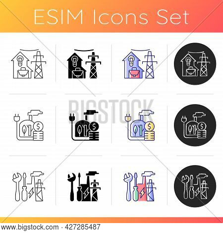 Electrical Power Icons Set. Utility For Residential House. Geothermal Energy Production Cost. Indsut