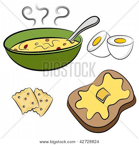 Obrázek misku polévky, hardboiled vejce, sušenky a přípitek.
