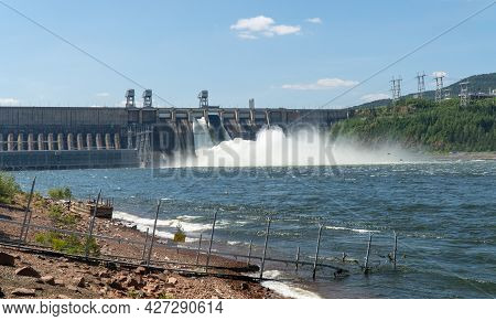 Russia, Divnogorsk, July 2021: Krasnoyarsk Hydroelectric Power Station.