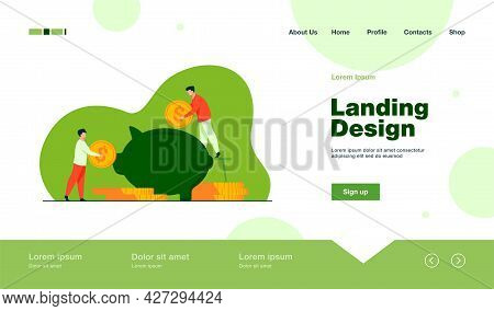 Two Investors Putting Coins In Piggybank. Bank, Money, Income Flat Vector Illustration. Finance And 