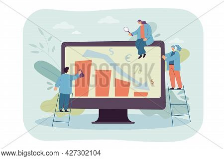 Tiny People Analyzing Decreasing Statistics. Bar Graphs On Computer Screen Flat Vector Illustration.